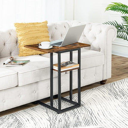 HOOBRO C Shaped Side Table, Foldable Small Table, Snack Table with Storage Shelf, Suitable for Living Room Bedroom Small Spaces, Easy Assembly, Rustic Brown BF29SF01