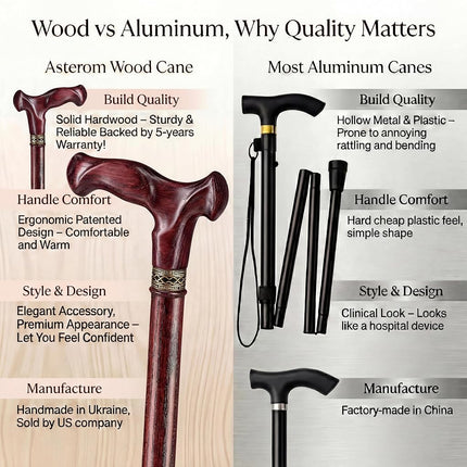 Asterom Walking Cane - Handmade, Ergonomic, Cane for Women - Wooden Walking Sticks for Seniors Women, Unique, Cool (Cherry, 36 Inches)