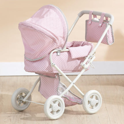 Olivia's Little World Buggy-Style Baby Doll Pram with Retractable Canopy, Storage Underneath, Detachable Bassinet, Travel Nursery Bag, Comfortable to Push, Pink and Grey