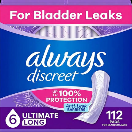 Always Discreet Adult Incontinence Pads for Women and Postpartum Pads, Extra Heavy Long, 112 CT, up to 100% Bladder Leak Protection