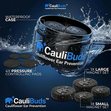CauliBuds™ Cauliflower Ear Magnets - Premium Silicone Magnet Compression Kit for Prevention & Treatment in BJJ, Wrestling, MMA, & Rugby - Minimize Draining (Black)