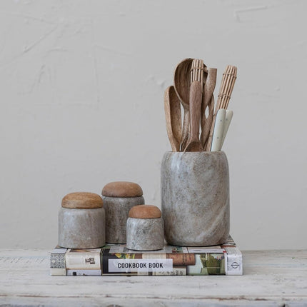 Creative Co-Op Modern Marble Canister with Wood Lid, Natural
