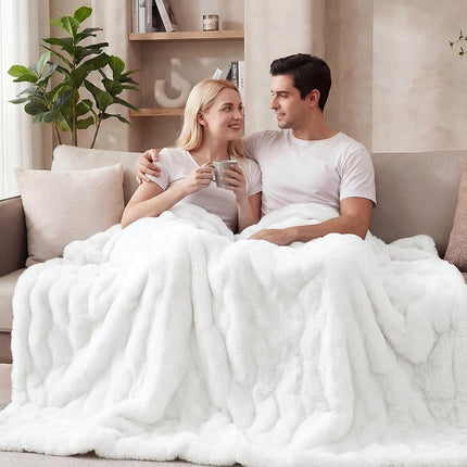 ORINOVA White Faux Rabbit Fur Throw Blanket for Bed Living Room 50x60 Thick Soft Throw Blanket Fluffy Bed Furry Best Housewarming Home Gifts 860 GSM