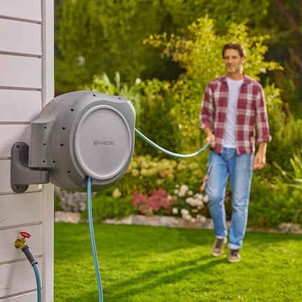 GARDENA 08040-50' ft. Wall Mount Retractable Garden Hose Reel, Lock at Any Length, 180 Degree Swivel, Precision German Engineering. 5 Year Warranty. Perfect Outdoor Hose Storage Solution