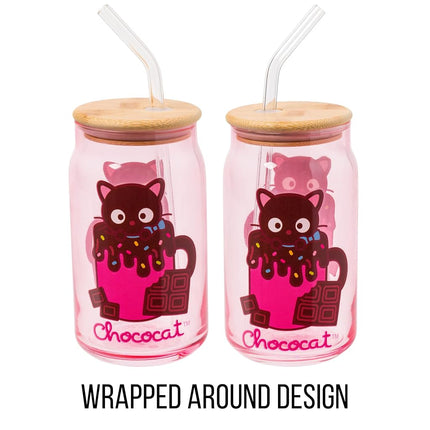 Silver Buffalo Sanrio Hello Kitty & Friends Chococat Chocolate Pink Glass Jar Tumbler with Bamboo Lid and Glass Straw, 16 Ounces
