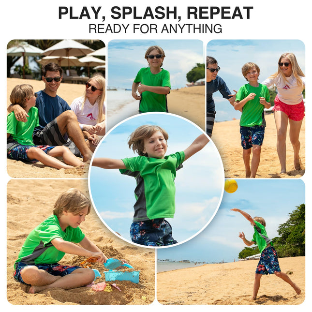 Kanu Surf Boys' Big Short Sleeve UPF 50+ Rashguard Swim Shirt, CB Green, X-Small (6)