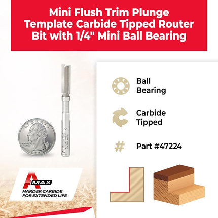 Amana Tool - 47224 Miniature Flush Trim Plunge Template 1/4 Dia x 3/4 x 1/4" Shank Car
