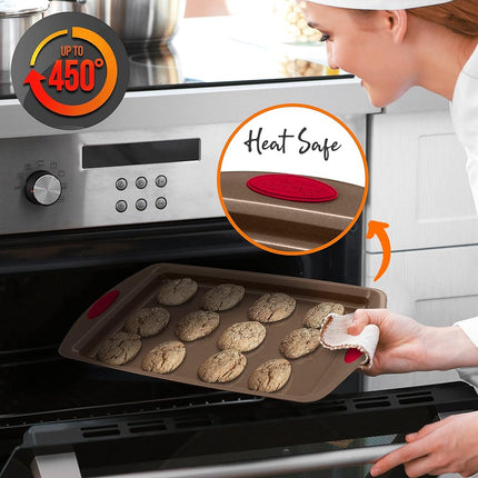 NutriChef 2-Piece Baking Pan Set - PFOA, PFOS, PTFE Free Flexible Nonstick Golden Coating Carbon Steel Bakeware - Professional Home Kitchen Bake Cookie Sheet Stackable Tray w/Red Silicone Handles