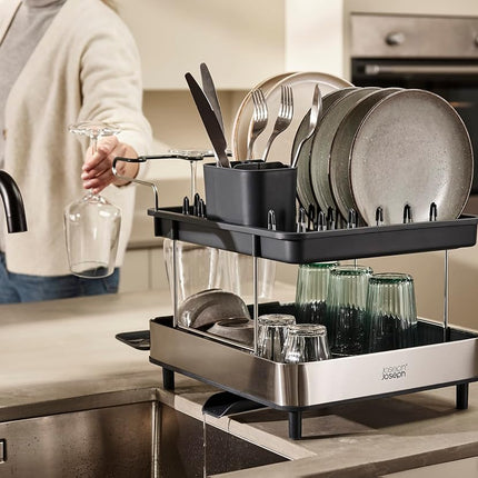 Joseph Joseph Excel - Steel 2-Tier Stainless-Steel Dish Rack for Kitchen Counter, Washing up Drainer with draining spout, Movable Cutlery Drainer, Wine-Glass Holder