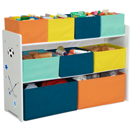 Organisateur de jouets Delta Children Deluxe Multi-Bin avec bacs de rangement – Certifié Greenguard Gold, Blanc avec bacs Marine/Vert/Pastel