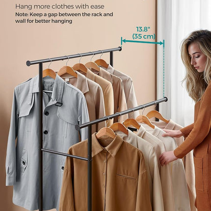 SONGMICS Clothes Rack with Wheels, Double-Rod Clothing Rack for Hanging Clothes, 38.8 Inches Garment Rack with Shelf, Loads up to 220 lb, for Bedroom, Closet, Rustic Brown and Ink Black UHSR152B01
