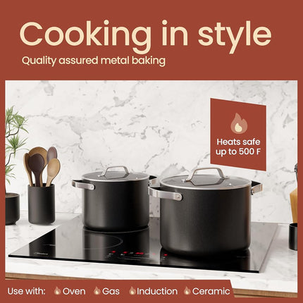 Black 5 Quart Aluminum Stock Pot with Lid, Nonstick Ceramic Coated Boiling Pot, PTFE & PFAS Free, Oven Safe to 500°F, Riveted Stainless Steel Handles, Tempered Glass Lid, All Stove Compatible