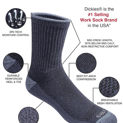 Dickies Men's Dri-tech Moisture Control Mid-Crew Socks, Available in M-XL (6, 12, Comfort Length Navy Marl Assorted (6 Pairs), Large (Pack of 6)