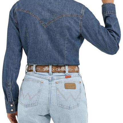 Wrangler Women's Western Long Sleeve Snap Shirt, Dark Denim, X-Small