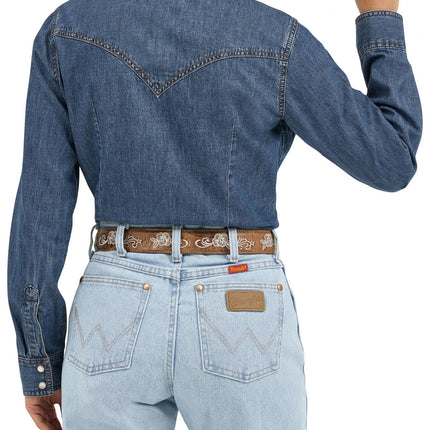 Wrangler Women's Retro Long Sleeve Western Denim Snap Shirt, Dark Denim, XX-Large