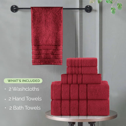 Elegant Comfort 4 Lines Viscose Stripe 6-Piece Premium Towel Set - 100% Turkish Cotton High Absorbent Luxury Bathroom Towels – Includes 2 Washcloths, 2 Hand Towels and 2 Bath Towels Set, Burgundy