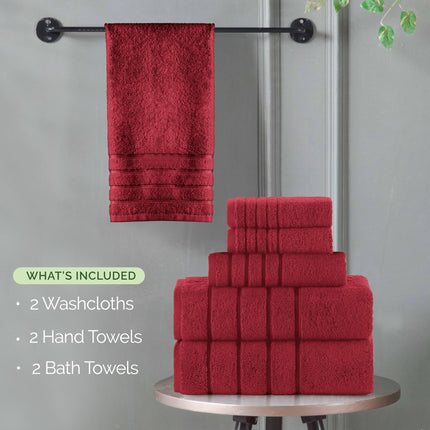 Elegant Comfort 4 Lines Viscose Stripe 6-Piece Premium Towel Set - 100% Turkish Cotton High Absorbent Luxury Bathroom Towels – Includes 2 Washcloths, 2 Hand Towels and 2 Bath Towels Set, Burgundy