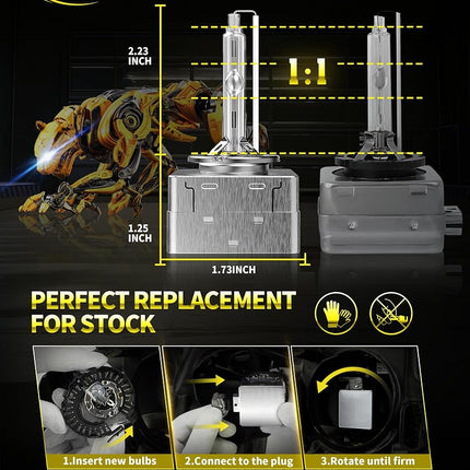 Ampoules HID D3S Cougar Motor, Blanc Diamant 6000K, Ampoule Xénon HID 35W Feux de Route et de Croisement avec Base à Supports Métalliques, Étanche IP67, Jusqu'à 300% de Luminosité, Lot de 2