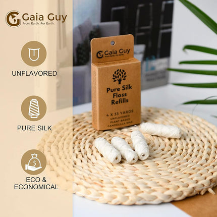 Gaia Guy Silk Dental Floss Refill | Unflavored Natural Silk | 4 x 30 Meter Spools | Compostable, Biodegradable & Eco-Friendly