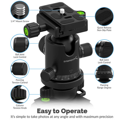 Sabrent 69 Inch Carbon Fiber Tripod With 360 Degree Camera Mount (TP-CF69)