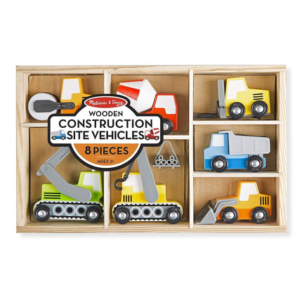 Melissa & Doug Wooden Construction Site Vehicles with Wooden Storage Tray (8 pcs) Construction Toys, Vehicle Toys, Cars for Toddlers and Kids Ages 3+