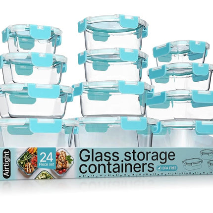 Boîtes de Conservation Alimentaire en Verre Borosilicate Aqua avec Couvercles 24 Pièces, Qualité Alimentaire, Sans BPA, Empilables, pour Déjeuner et Restes, Adaptées au Micro-ondes, Congélateur et Lave-vaisselle, Hermétiques et Anti-fuite