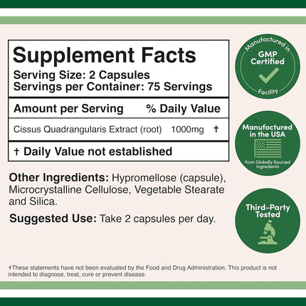 Double Wood Supplements Cissus Quadrangularis Super Extract, 150 Capsules, Dietary Supplement for Joint and Tendon Pain, 1000mg Serving Size