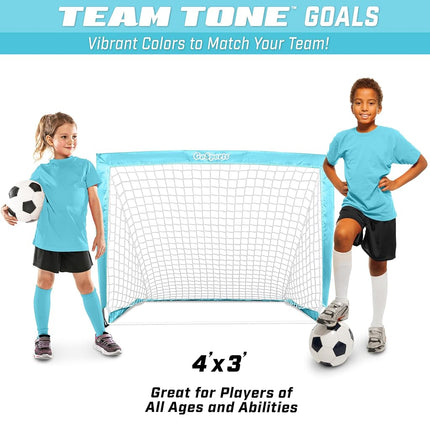 GoSports Team Tone 4 ft x 3 ft Portable Soccer Goals for Kids - Set of 2 Pop Up Nets for Backyard - Light Blue