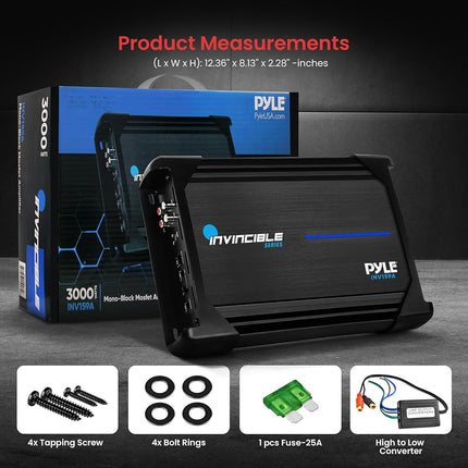 Amplificateur MOSFET Pyle 3000 W – Amplificateur audio de voiture monocanal, amplificateur mono de classe AB avec filtre passe-bas, amplification des basses, protection contre les courts-circuits, bornes RCA, design compact (31,4 x 20,6 x 5,8 cm)