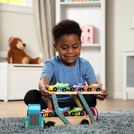 Melissa & Doug Mega Race-Car Carrier | Wooden Vehicles & Trains | Trucks & Vehicles | 7+ | Gift for Boy or Girl