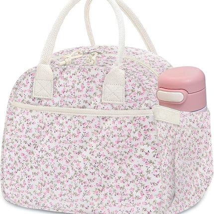 Carry Bloom Lunch Box for Women, Insulated Lunch Bag Cute Corduroy Lunchbag Reusable Lunchbox for Work (Cute Quilted Floral)
