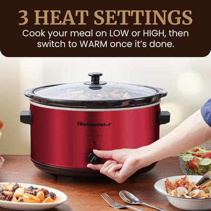 Olla de cocción lenta eléctrica de cerámica extragrande Elite Gourmet MST-900RXT#, temperatura ajustable, para platos principales, salsas, guisos y dips, tapa y olla de cerámica aptas para lavavajillas, 8.5 cuartos de galón, roja