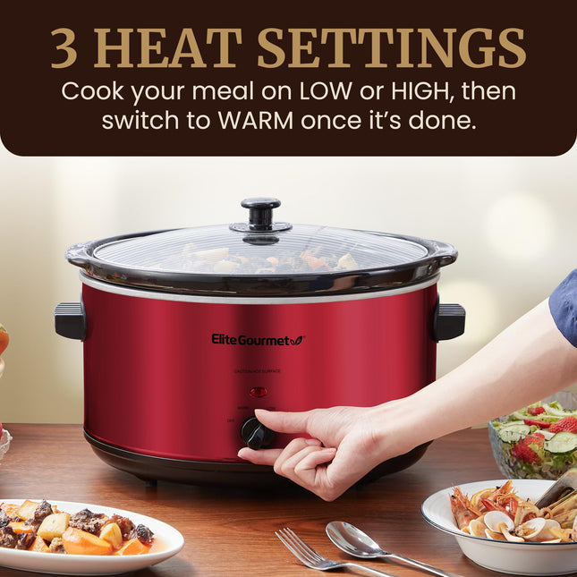Olla de cocción lenta eléctrica de cerámica extragrande Elite Gourmet MST-900RXT#, temperatura ajustable, para platos principales, salsas, guisos y dips, tapa y olla de cerámica aptas para lavavajillas, 8.5 cuartos de galón, roja
