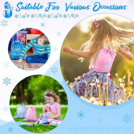 Frozen Party Favors Bags for Winter Snowflake Drawstring Goodies Bags Winter Wonderland Gift Candy Bag for Boys Girls Storage Winter Themed Baby Shower Snowflake Party Supplies (28 Pack)