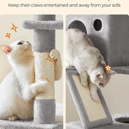 FEANDREA Cat Tree, 206 cm Large Cat Tower with 13 Scratching Posts, 2 Perches, 2 Caves, 1 Scratching Ramp, Basket, Hammock, Pompoms, Multi-Level Plush Cat Condo for Indoor Cats, Light Gray