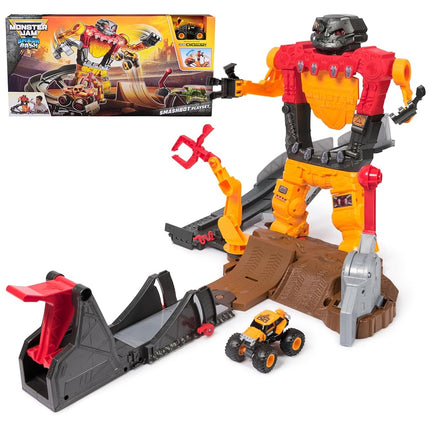 Monster Jam Smash & Bash SmashBot Playset with Launcher, Exclusive 1:64 Scale Monster Truck, 15-Inch Repairable Robot, Kids Toys for Boy and Girls Age 3 and up