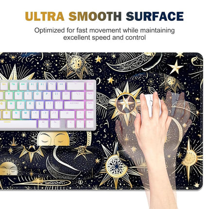 Gaming Mouse Pad, Large Desk Mat, Cute Desk Pad Protector, 4in1 XXL Mousepad + Keyboard Wrist Rest+Mouse Wrist Rest+Coaster Set with Ergonomic Desk Pad for Home Office PC Computer, Stars and Moon