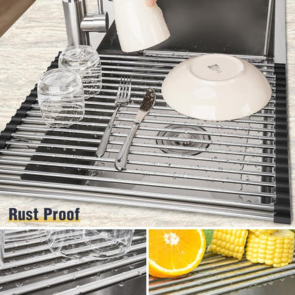 Tomorotec 21" x 15.5" Roll Up Dish Drying Rack Over Sink Drying Rack Sink Cover Kitchen Sink Accessories Gadget Multipurpose Organizer Foldable Stainless Steel Drainer