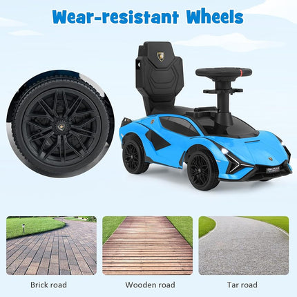 INFANS 3 in 1 Ride on Push Car, Licensed Lamborghini Baby Sliding Walking Car with Parent Control Handle, Music, USB, Headlight, Under Seat Storage, Foot-to-Floor Toy for 18-60 Months (Blue)