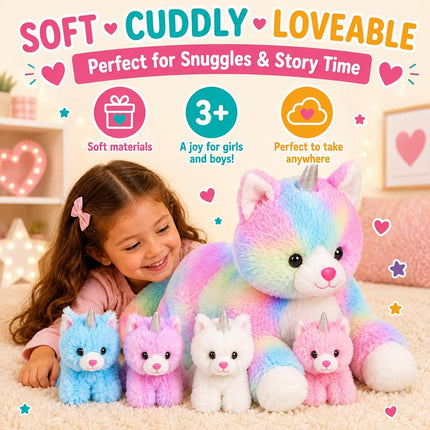 PixieCrush Snugababies Unicorn Kitty Cat Stuffed Animals for Girls Ages 3 4 5 6 7 8 Years; Stuffed Mommy Unicorn Kitty Cat with 4 Baby Unicorns in her Tummy; Toy Unicorn Pillows for Girls