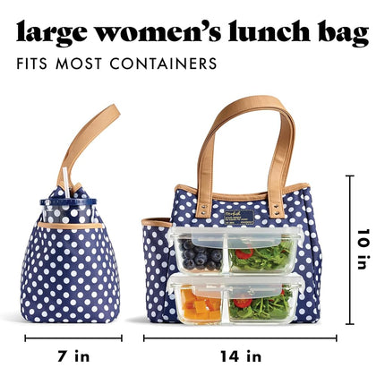 Fit & Fresh Lunch Bag for Women, Insulated Womens Lunch Bag for Work, Leakproof & Stain-Resistant Large Lunch Box for Women with Containers and Matching Tumbler, Zipper, Westerly Lunch Bag, Navy Dot