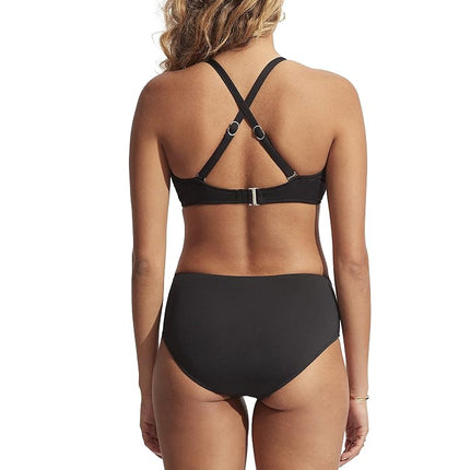 Seafolly Women's Hipster Full Coverage Mid Rise Wide Side Bikini Bottom Swimsuit, Eco Collective Black, 6