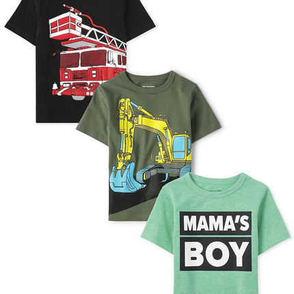 The Children's Place Camisetas gráficas de manga corta con vehículos para bebés y niños pequeños, paquete múltiple, construcción/niño de mamá/camión de bomberos, paquete de 3, 5T