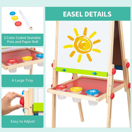Hape All-in-1 Easel | Award-Winning Double-Sided Kids Standing Easel Adjustable Height Stand with Paper Roll, Chalkboard, Whiteboard, Magnets and 3 Paint Pots