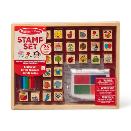 Melissa & Doug Wooden Stamp Set, Favorite Things - 26 Stamps, 4-Color Stamp Pad with Washable Ink for Art Projects for Kids Ages 4+