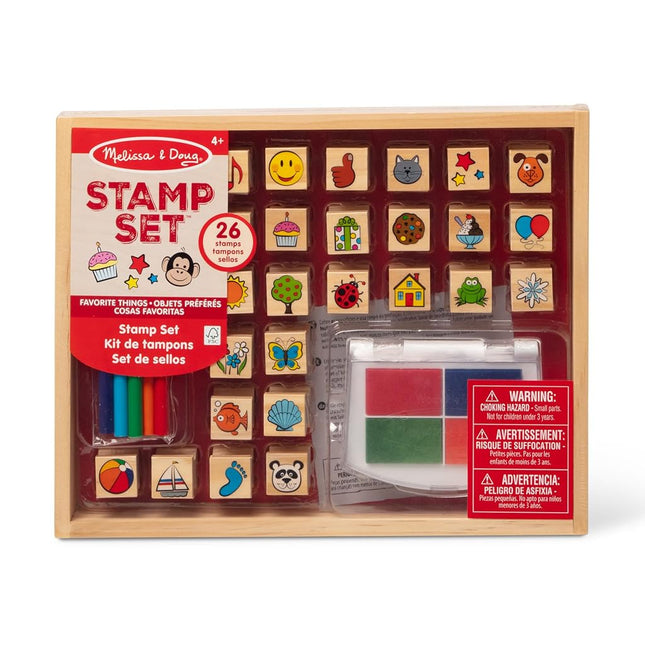 Melissa & Doug Wooden Stamp Set, Favorite Things - 26 Stamps, 4-Color Stamp Pad with Washable Ink for Art Projects for Kids Ages 4+