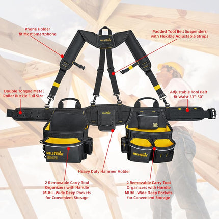 MELOTOUGH Carpenters Tool Belt with Suspenders Professional Tool Belt Combo Organizer With Tool Pouch Suspenders with 32 Pockets and Loops fits 33"-47"Waist for Electrican/Contractor/Technican(Yellow)