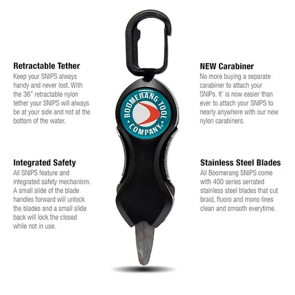 Boomerang Tool Company Long Snip Fishing Line Cutter for Fly Fishing with Retractable Tether and Stainless Steel Blades that Cut Braid Clean and Smooth Everytime!, Black (BTC243)