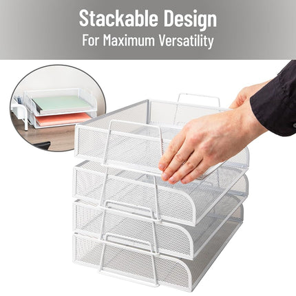 Mind Reader Stackable Paper Tray, Desktop Organizer, File Storage, Office, Metal Mesh, 14" L x 9.75" W x 11.25" H, 4 Pcs., White