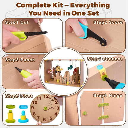 ZLemma Cardboard Construction Kit - 401 PCS Kids Building Set with Safe Serrated Cutter, Crease Roller, Screws & Nuts, STEM Upcycled Tool for DIY Cardboard Projects, Engineering & Creativity